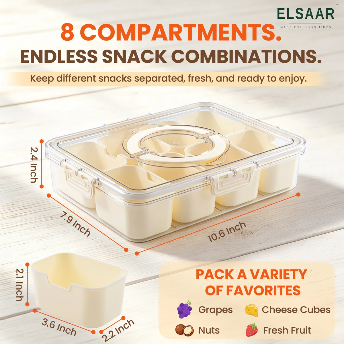 Medidas del Snackle Box: 27 × 20 × 6 cm; cada compartimento 9 × 5,6 × 5,3 cm