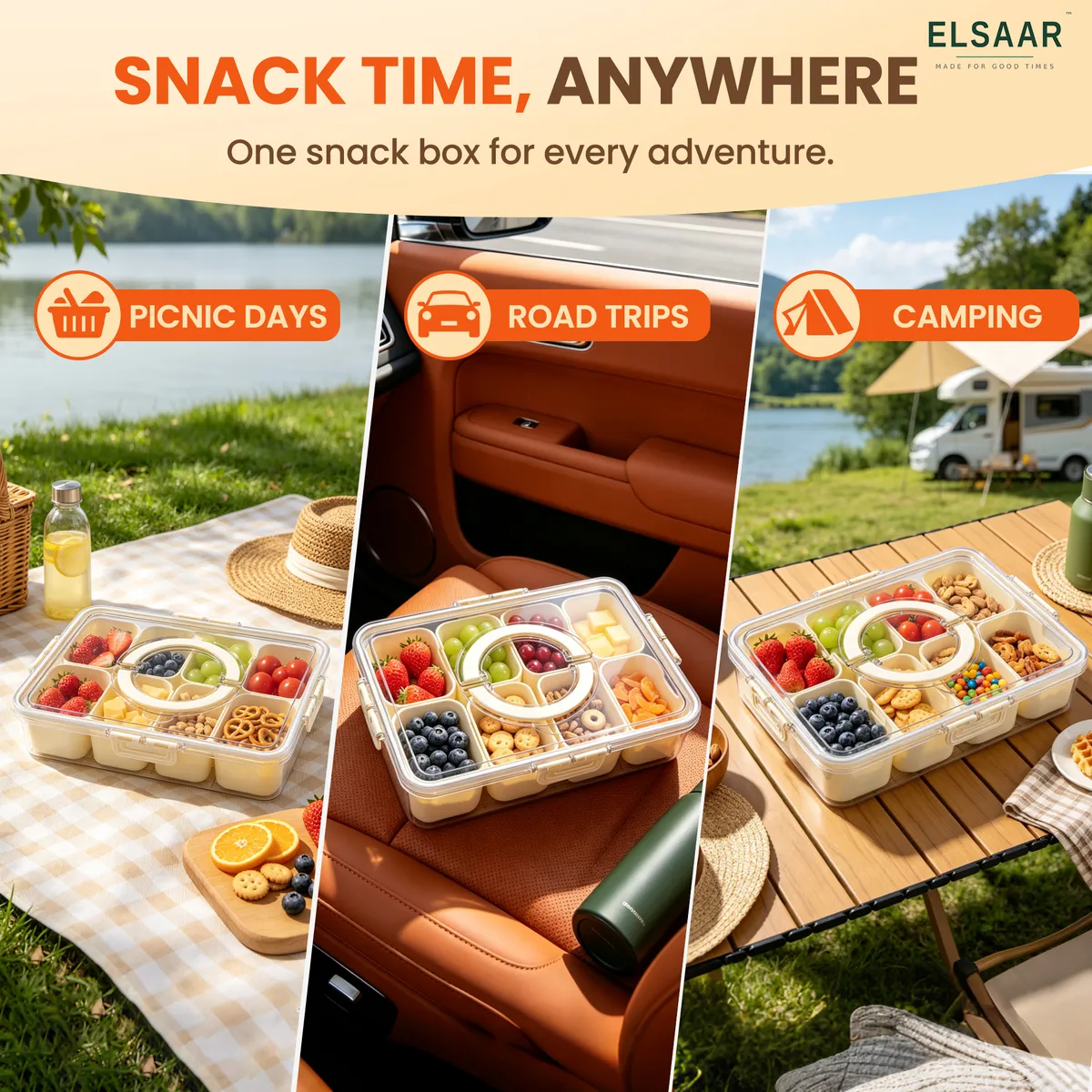 Snackle Box en una manta de picnic, en el asiento de un auto y en una mesa de camping